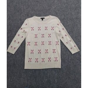 J Crew Sweater Womens Small 100% merino Wool Cream Embroidered Pink Flowers